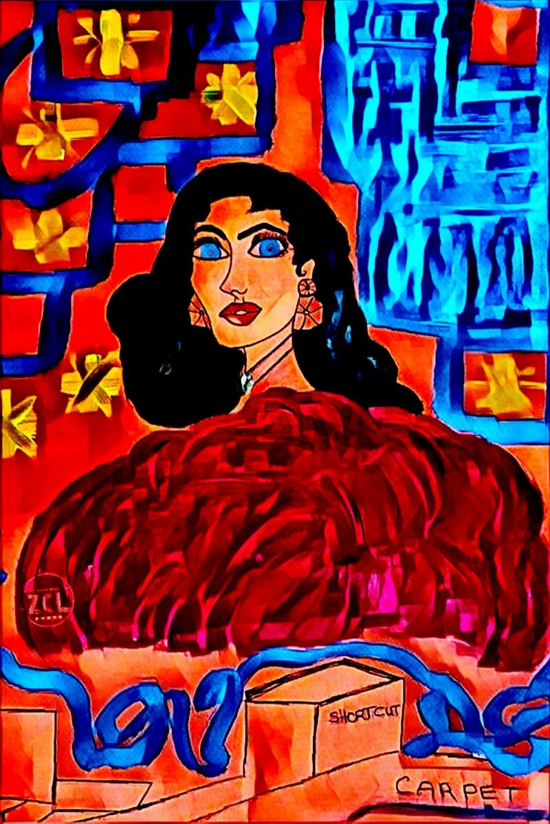 Portrait mystérieux d’une femme dans le style art naïf, avec des yeux expressifs et des motifs décoratifs, captivant le spectateur.